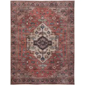 Photo of Blue and Red Oriental Power Loom Distressed Washable Non Skid Area Rug