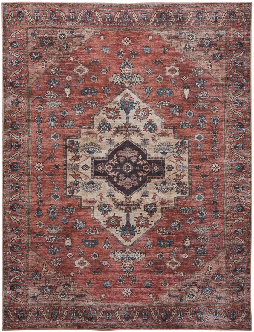 Blue and Red Oriental Power Loom Distressed Washable Non Skid Area Rug Photo 1