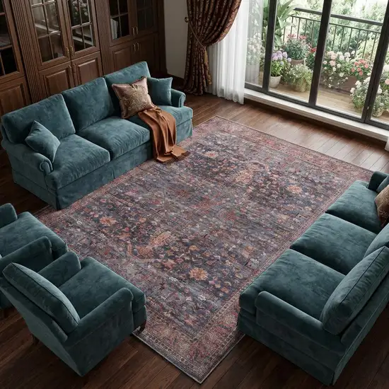 Blue and Red Oriental Power Loom Distressed Washable Non Skid Area Rug Photo 1