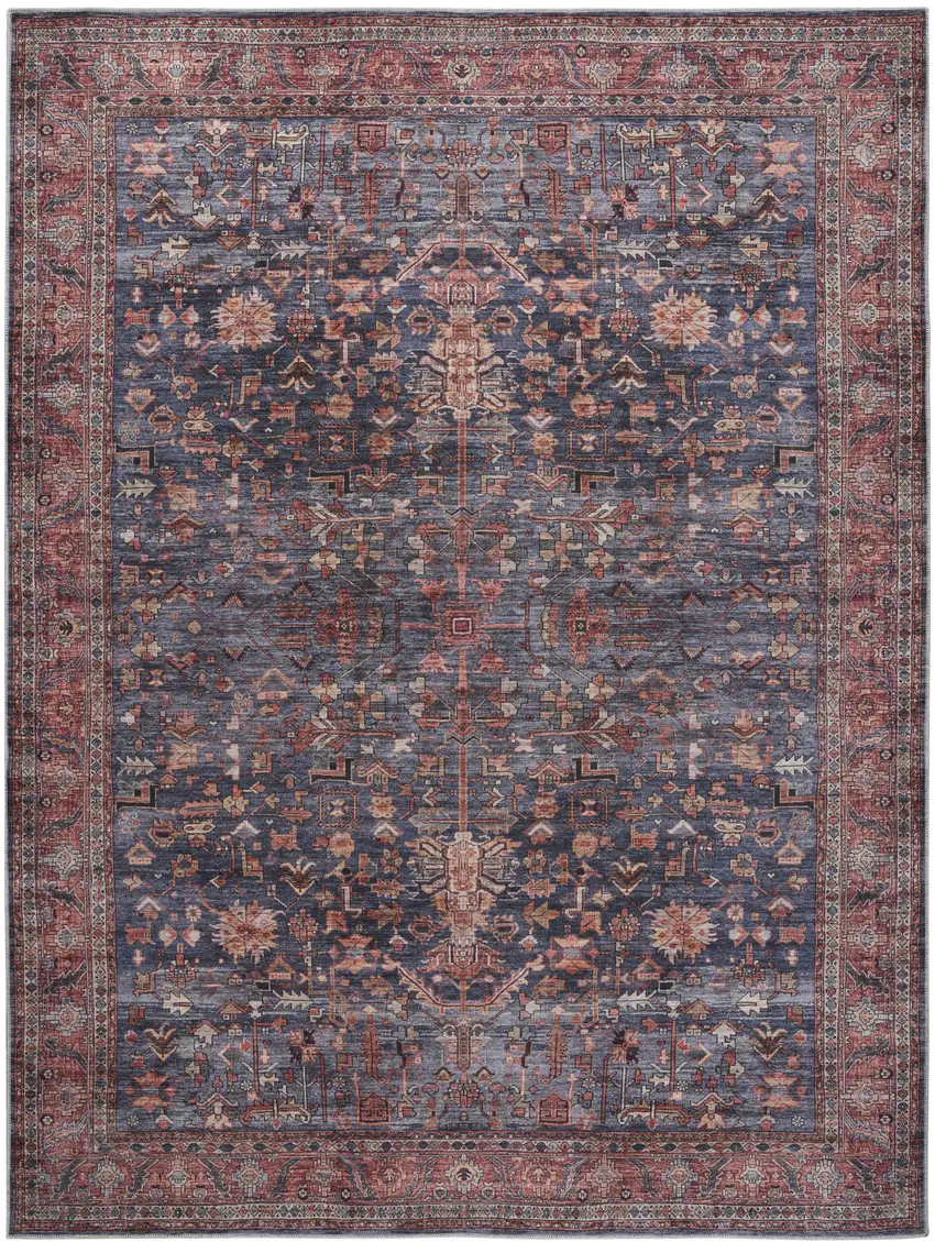 Blue and Red Oriental Power Loom Distressed Washable Non Skid Area Rug Photo 1