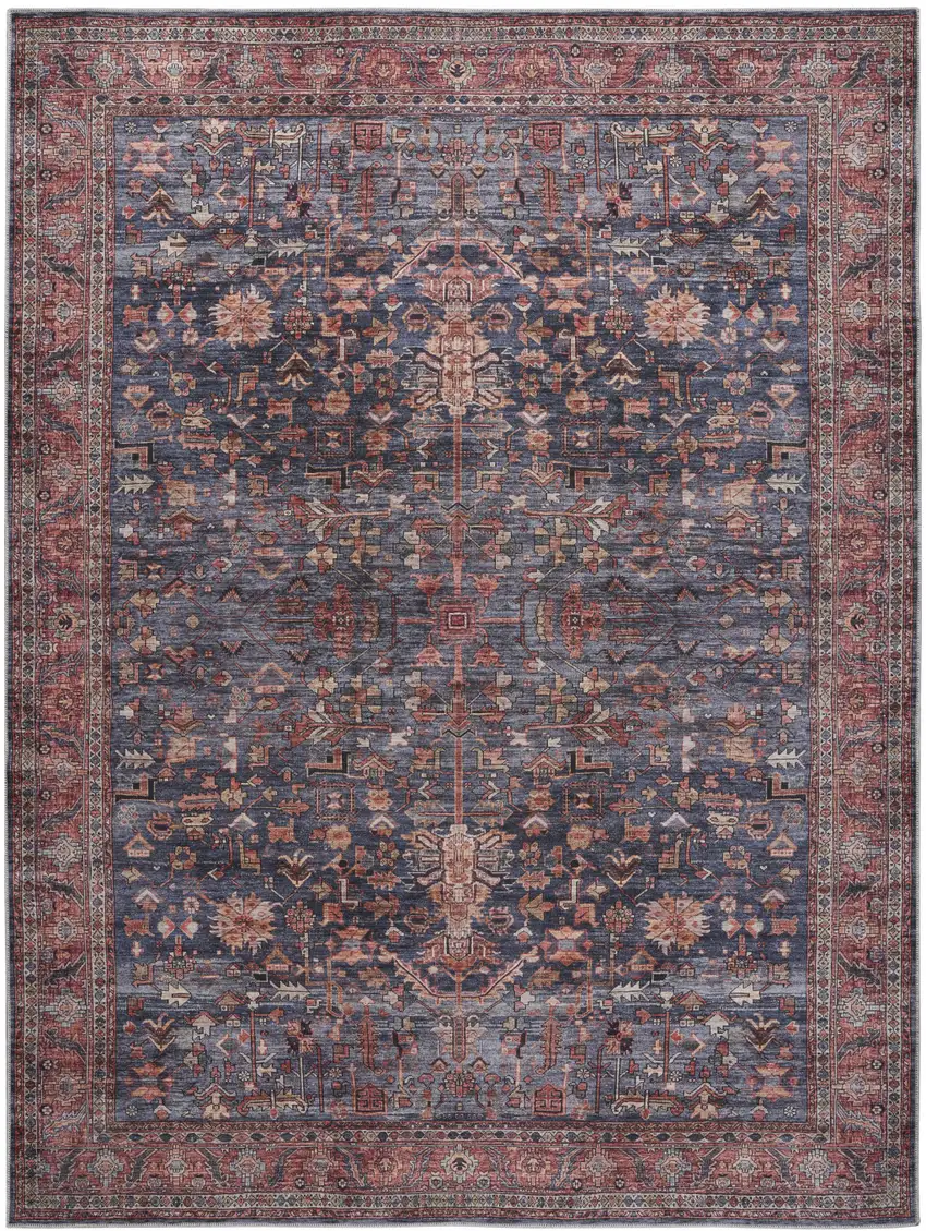 Blue and Red Oriental Power Loom Distressed Washable Non Skid Area Rug Photo 2