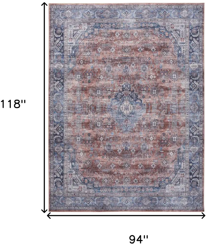 Blue and Red Oriental Power Loom Distressed Washable Non Skid Area Rug Photo 10
