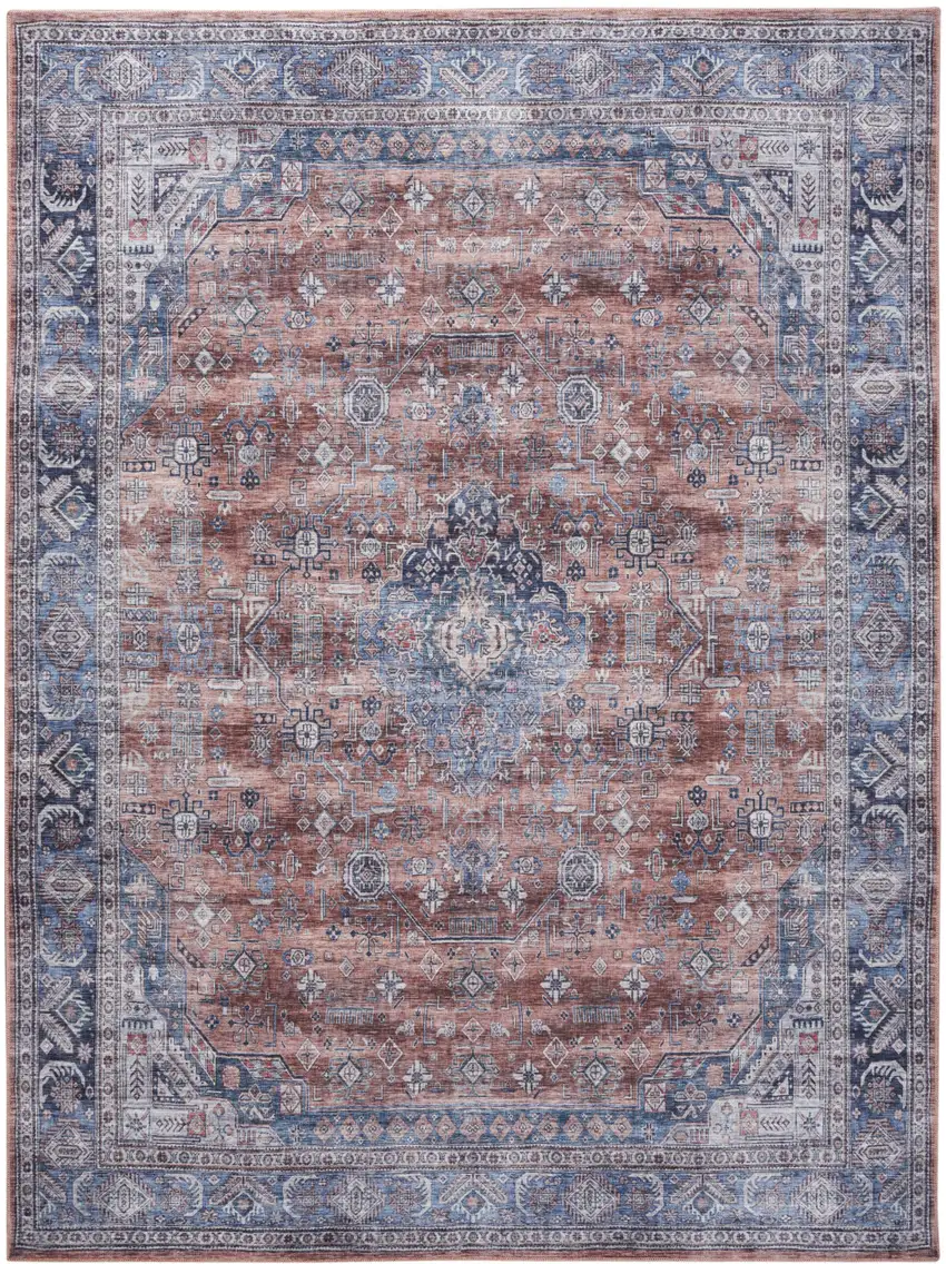 Blue and Red Oriental Power Loom Distressed Washable Non Skid Area Rug Photo 1