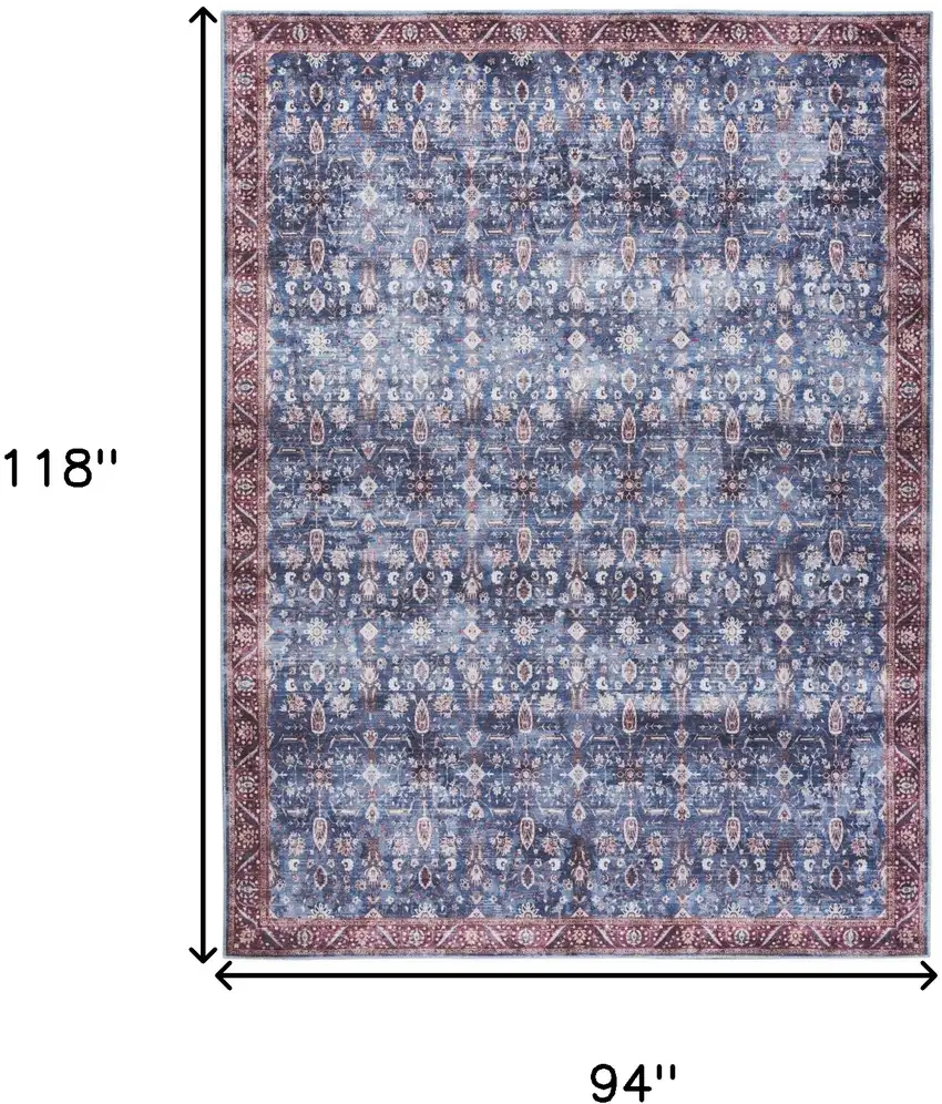 Blue and Red Oriental Power Loom Distressed Washable Non Skid Area Rug Photo 9
