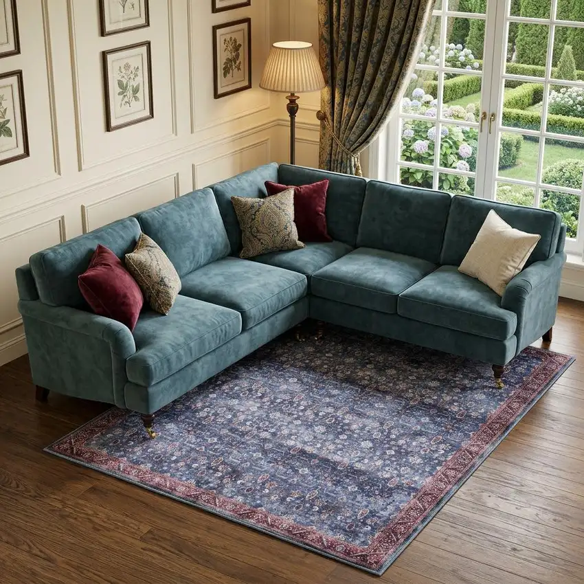 Blue and Red Oriental Power Loom Distressed Washable Non Skid Area Rug Photo 1