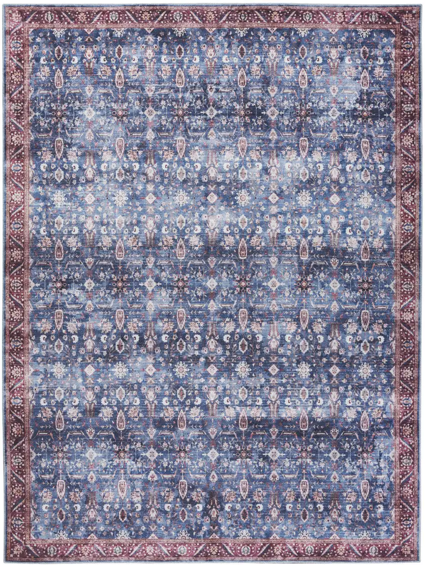 Blue and Red Oriental Power Loom Distressed Washable Non Skid Area Rug Photo 1