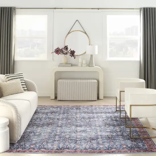 Blue and Red Oriental Power Loom Distressed Washable Non Skid Area Rug Photo 4