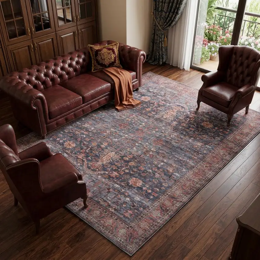 Blue and Red Oriental Power Loom Distressed Washable Non Skid Area Rug Photo 1