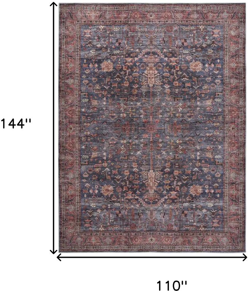Blue and Red Oriental Power Loom Distressed Washable Non Skid Area Rug Photo 9