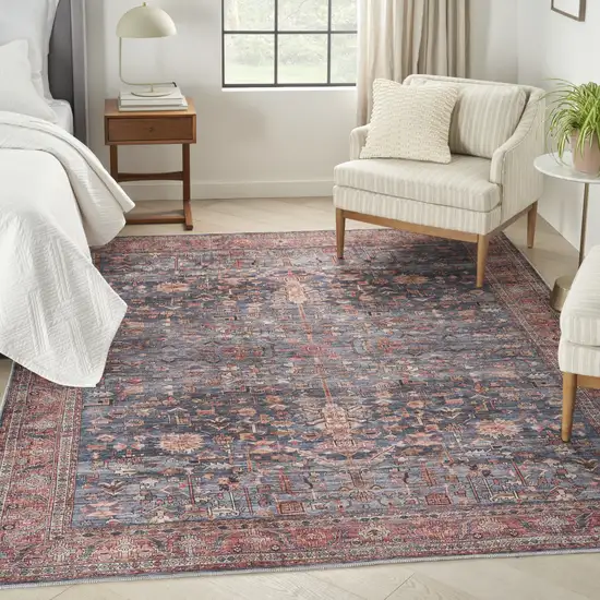 Blue and Red Oriental Power Loom Distressed Washable Non Skid Area Rug Photo 5