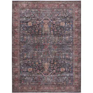 Photo of Blue and Red Oriental Power Loom Distressed Washable Non Skid Area Rug