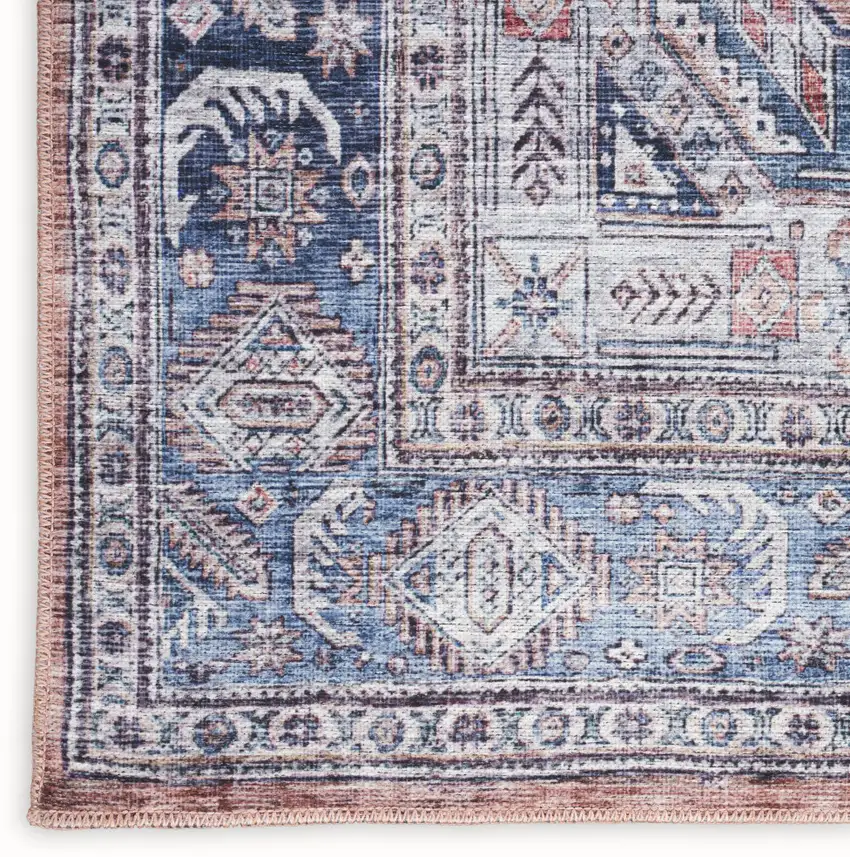 Blue and Red Oriental Power Loom Distressed Washable Non Skid Area Rug Photo 3