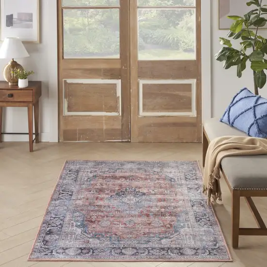 Blue and Red Oriental Power Loom Distressed Washable Non Skid Area Rug Photo 7
