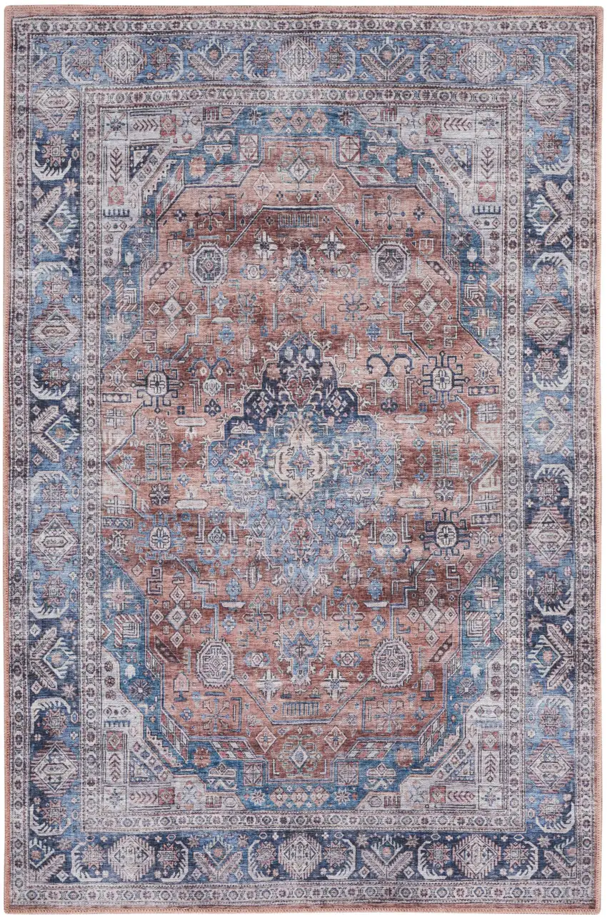 Blue and Red Oriental Power Loom Distressed Washable Non Skid Area Rug Photo 2
