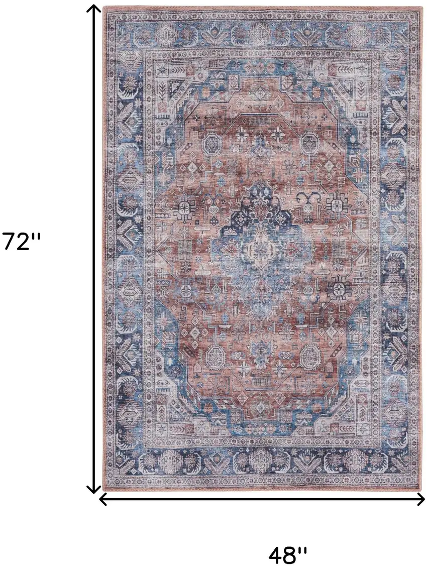 Blue and Red Oriental Power Loom Distressed Washable Non Skid Area Rug Photo 3