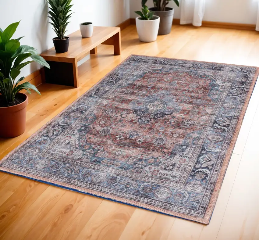 Blue and Red Oriental Power Loom Distressed Washable Non Skid Area Rug Photo 1