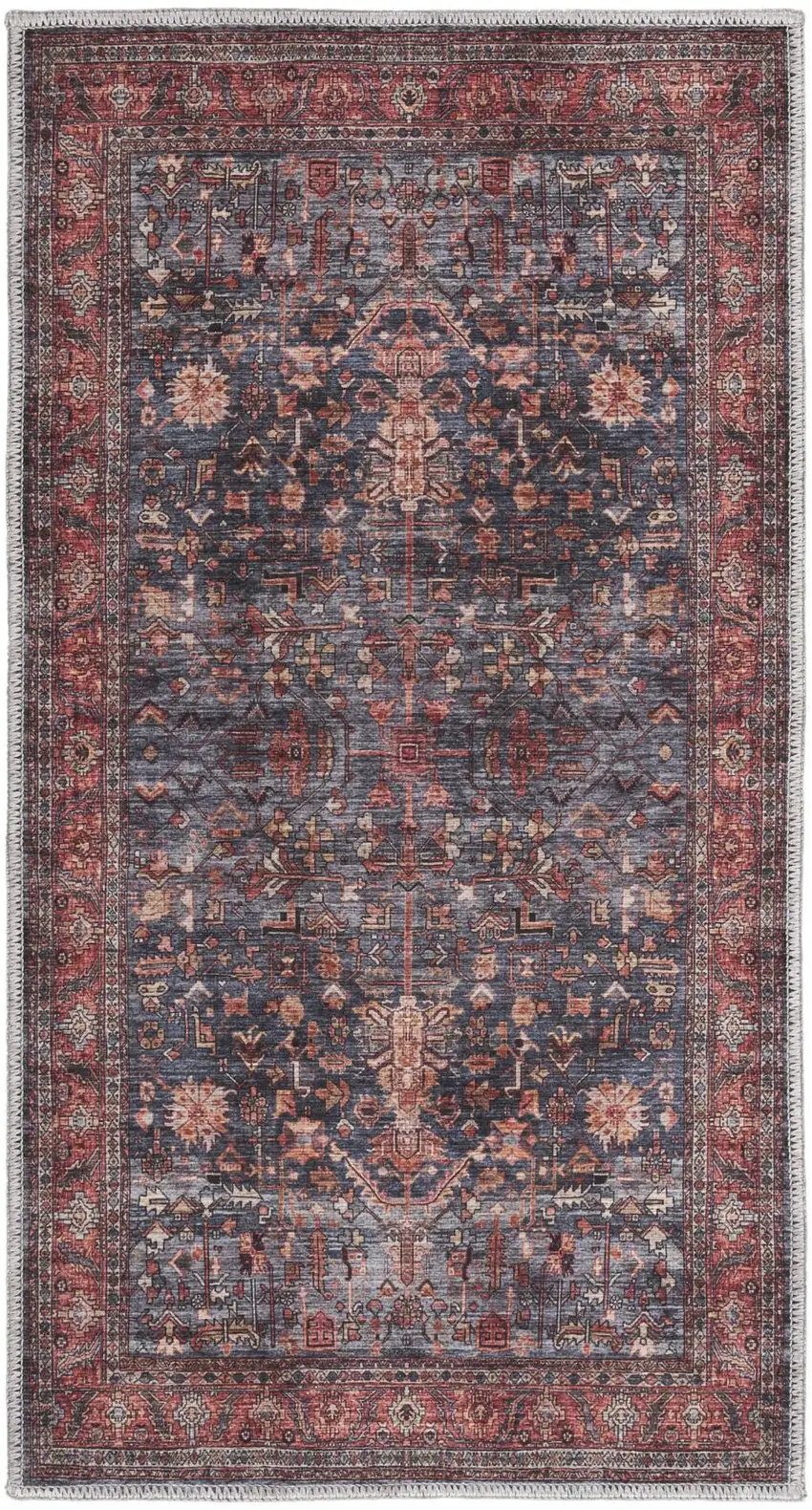 Blue and Red Oriental Power Loom Distressed Washable Non Skid Area Rug Photo 8