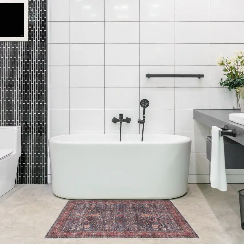 Blue and Red Oriental Power Loom Distressed Washable Non Skid Area Rug Photo 6