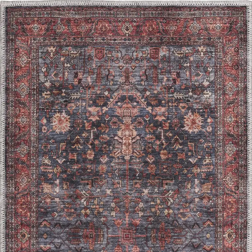 Blue and Red Oriental Power Loom Distressed Washable Non Skid Area Rug Photo 9