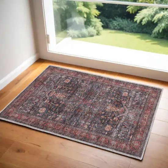 Blue and Red Oriental Power Loom Distressed Washable Non Skid Area Rug Photo 1