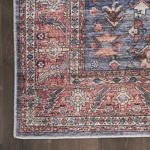 Photo of Blue and Red Oriental Power Loom Distressed Washable Non Skid Area Rug