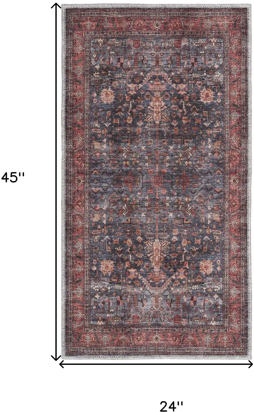 Blue and Red Oriental Power Loom Distressed Washable Non Skid Area Rug Photo 3