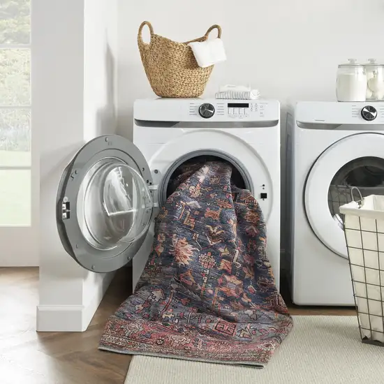 Blue and Red Oriental Power Loom Distressed Washable Non Skid Area Rug Photo 7