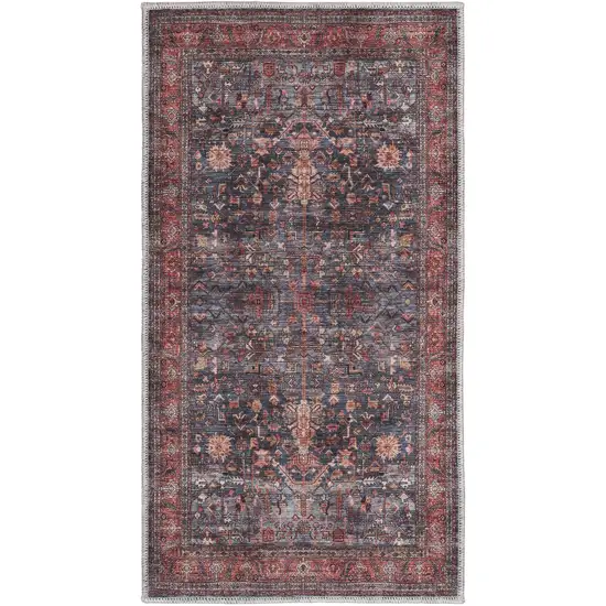 Blue and Red Oriental Power Loom Distressed Washable Non Skid Area Rug Photo 2