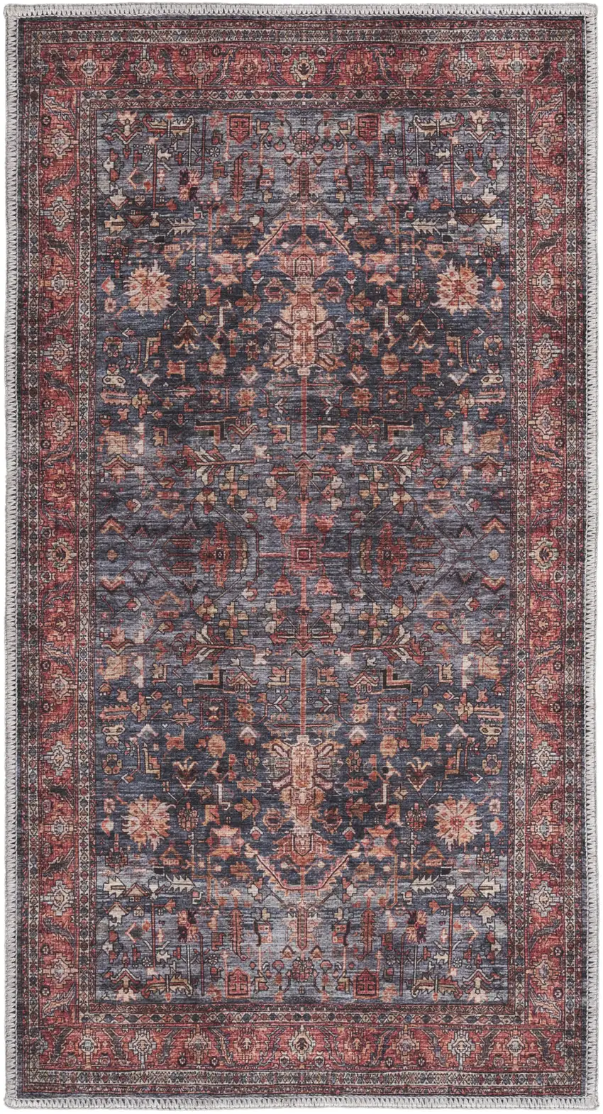 Blue and Red Oriental Power Loom Distressed Washable Non Skid Area Rug Photo 2