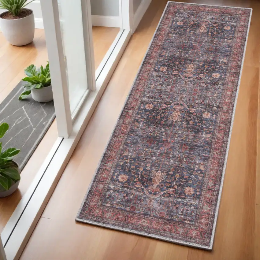 Blue and Red Oriental Power Loom Distressed Washable Non Skid Runner Rug Photo 1
