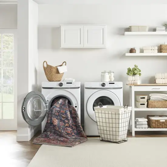 6' Blue And Red Oriental Distressed Washable Runner Rug Photo 7