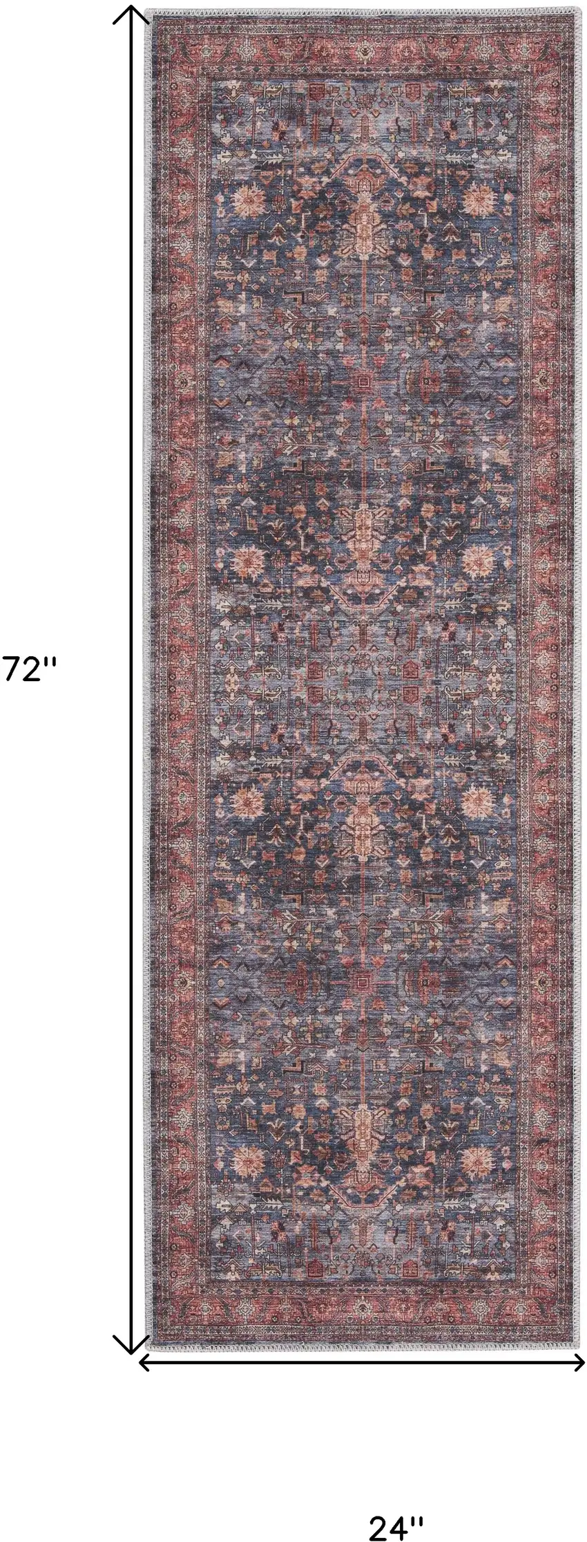 Blue and Red Oriental Power Loom Distressed Washable Non Skid Runner Rug Photo 3