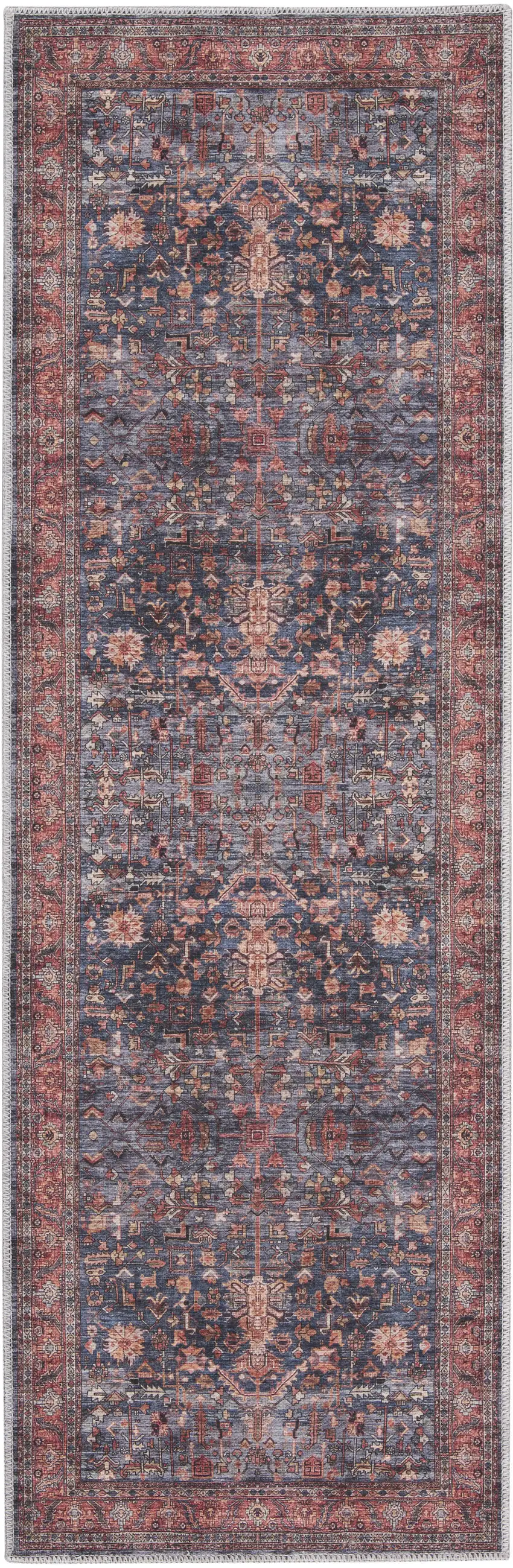 Blue and Red Oriental Power Loom Distressed Washable Non Skid Runner Rug Photo 2