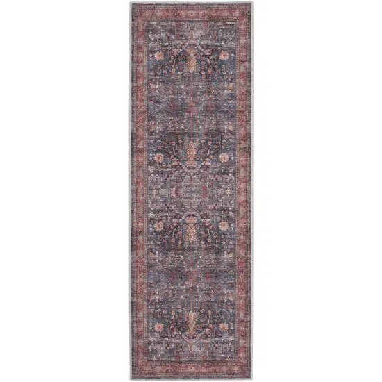 Blue and Red Oriental Power Loom Distressed Washable Non Skid Runner Rug Photo 2