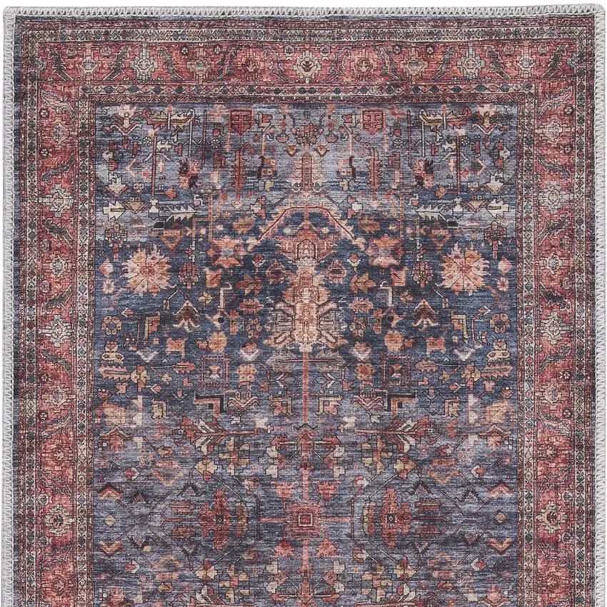 6' Blue And Red Oriental Distressed Washable Runner Rug Photo 9