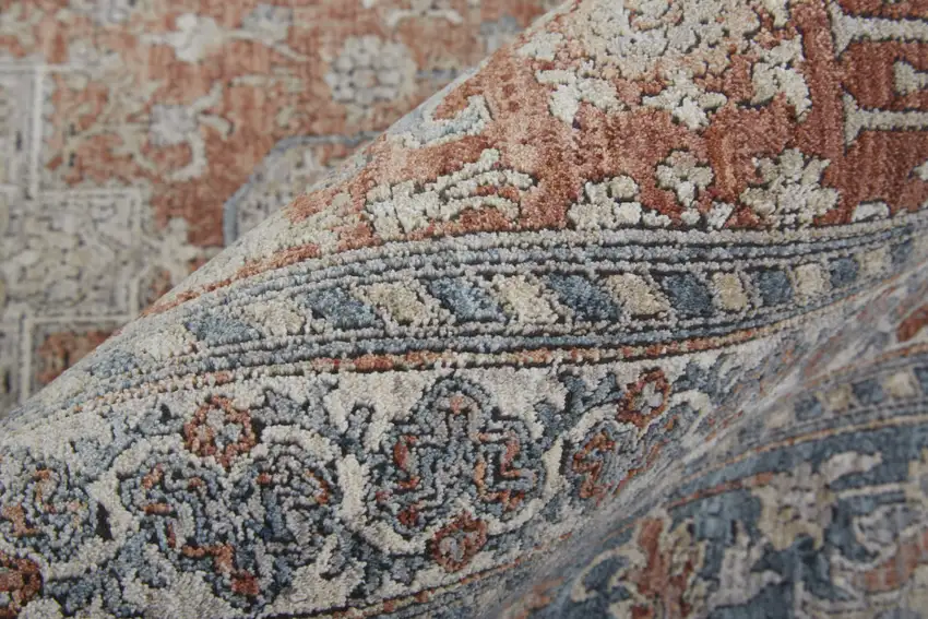 Blue and Red Oriental Power Loom Worn Faded Area Rug With Fringe Photo 7