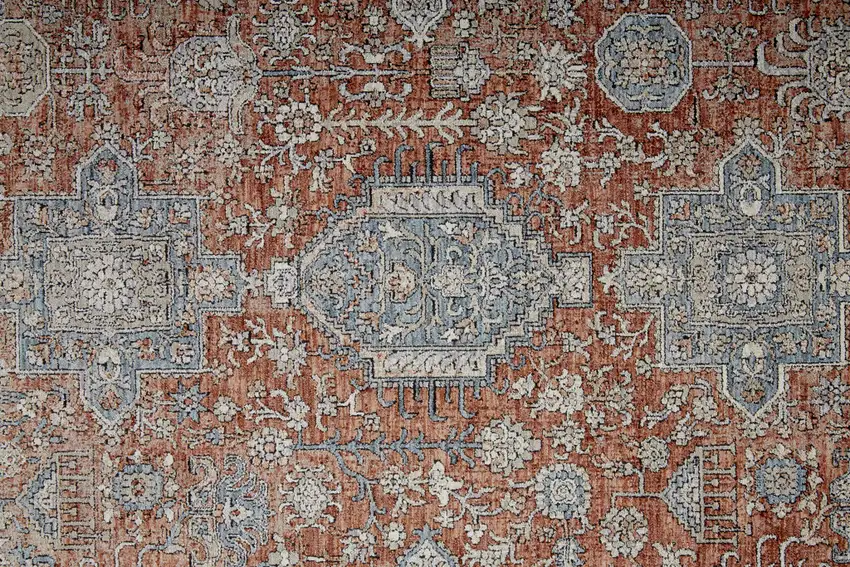 Blue and Red Oriental Power Loom Worn Faded Area Rug With Fringe Photo 8
