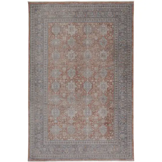 Blue and Red Oriental Power Loom Worn Faded Area Rug With Fringe Photo 2
