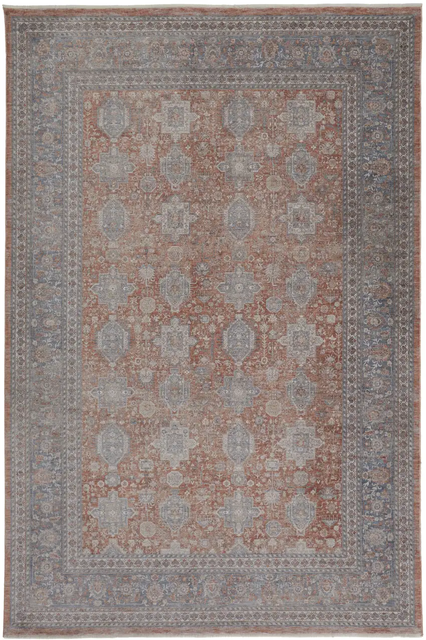 Blue and Red Oriental Power Loom Worn Faded Area Rug With Fringe Photo 2