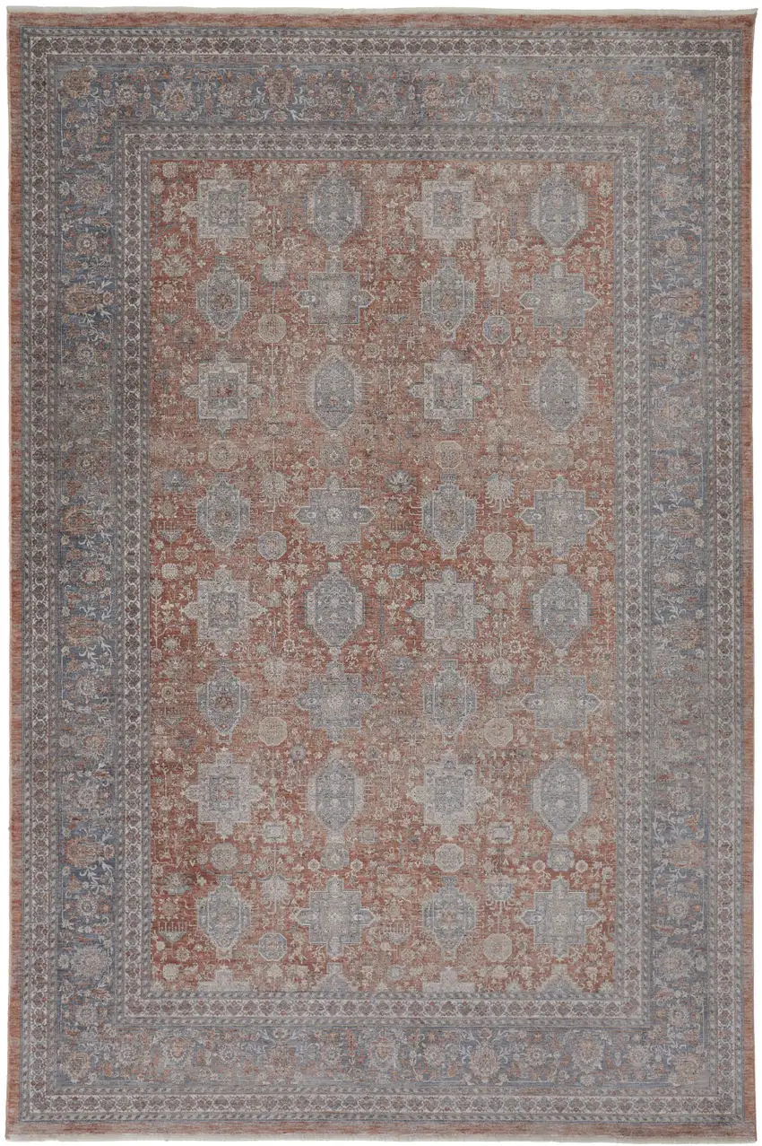 Blue and Red Oriental Power Loom Worn Faded Area Rug With Fringe Photo 5