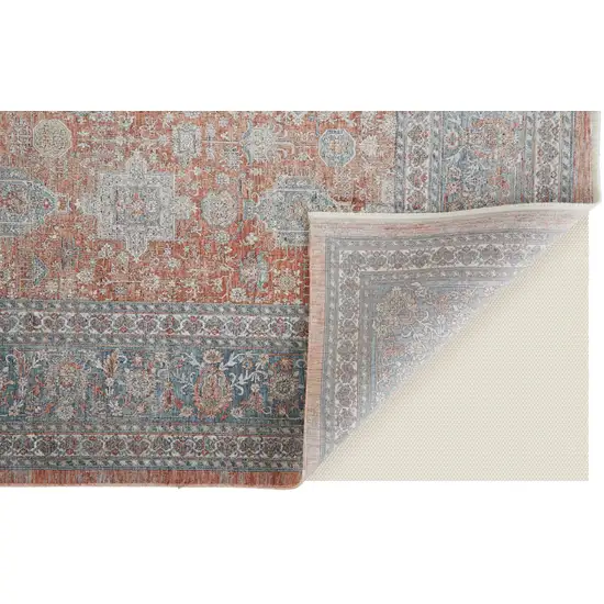 Blue and Red Oriental Power Loom Worn Faded Area Rug With Fringe Photo 9