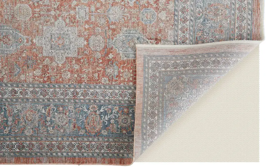 Blue and Red Oriental Power Loom Worn Faded Area Rug With Fringe Photo 8