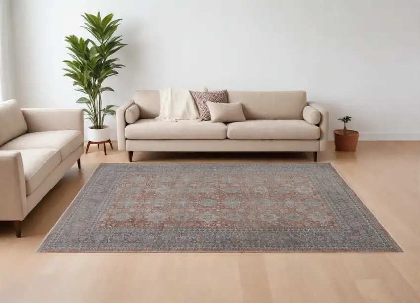 Blue and Red Oriental Power Loom Worn Faded Area Rug With Fringe Photo 1