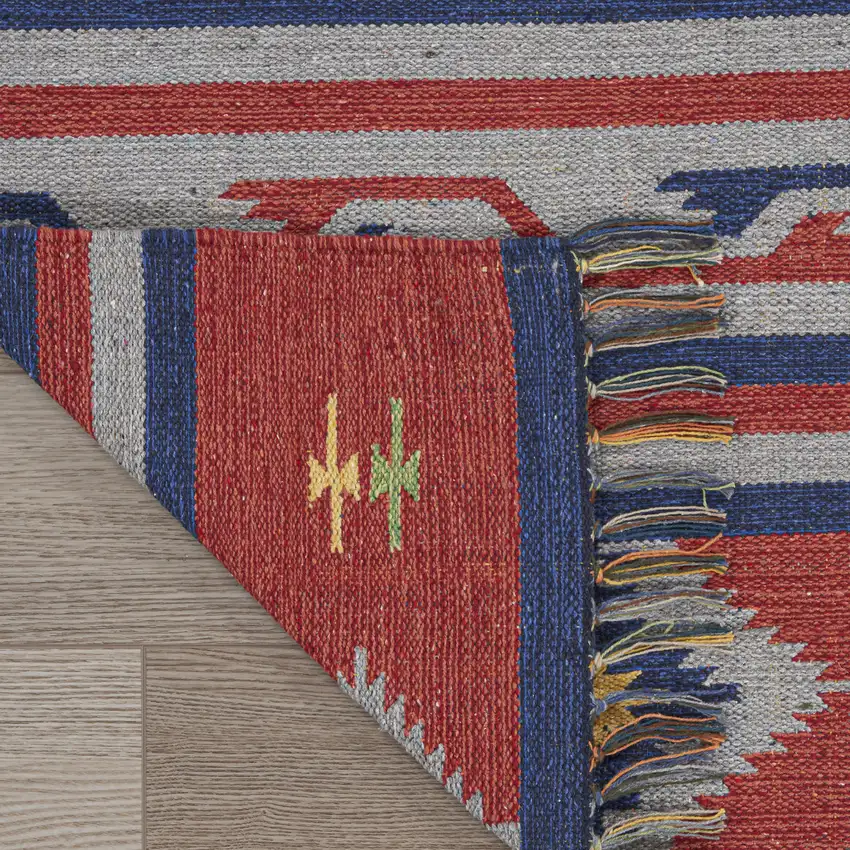 Blue and Red Southwestern Handmade Area Rug With Fringe Photo 8