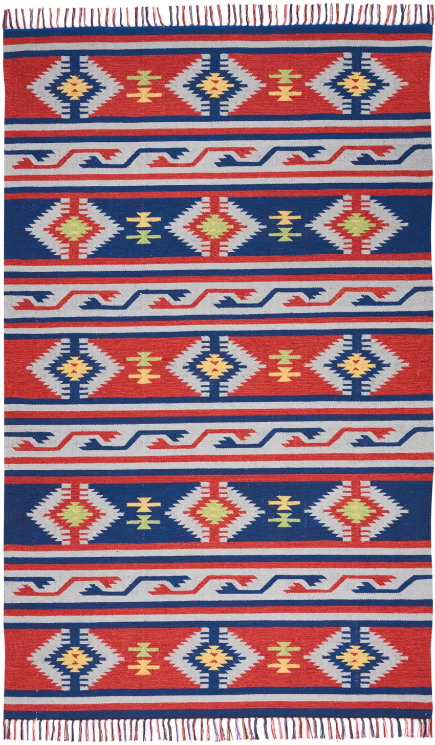 Blue and Red Southwestern Handmade Area Rug With Fringe Photo 2