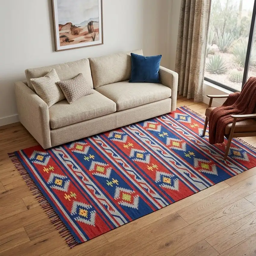 Blue and Red Southwestern Handmade Area Rug With Fringe Photo 1
