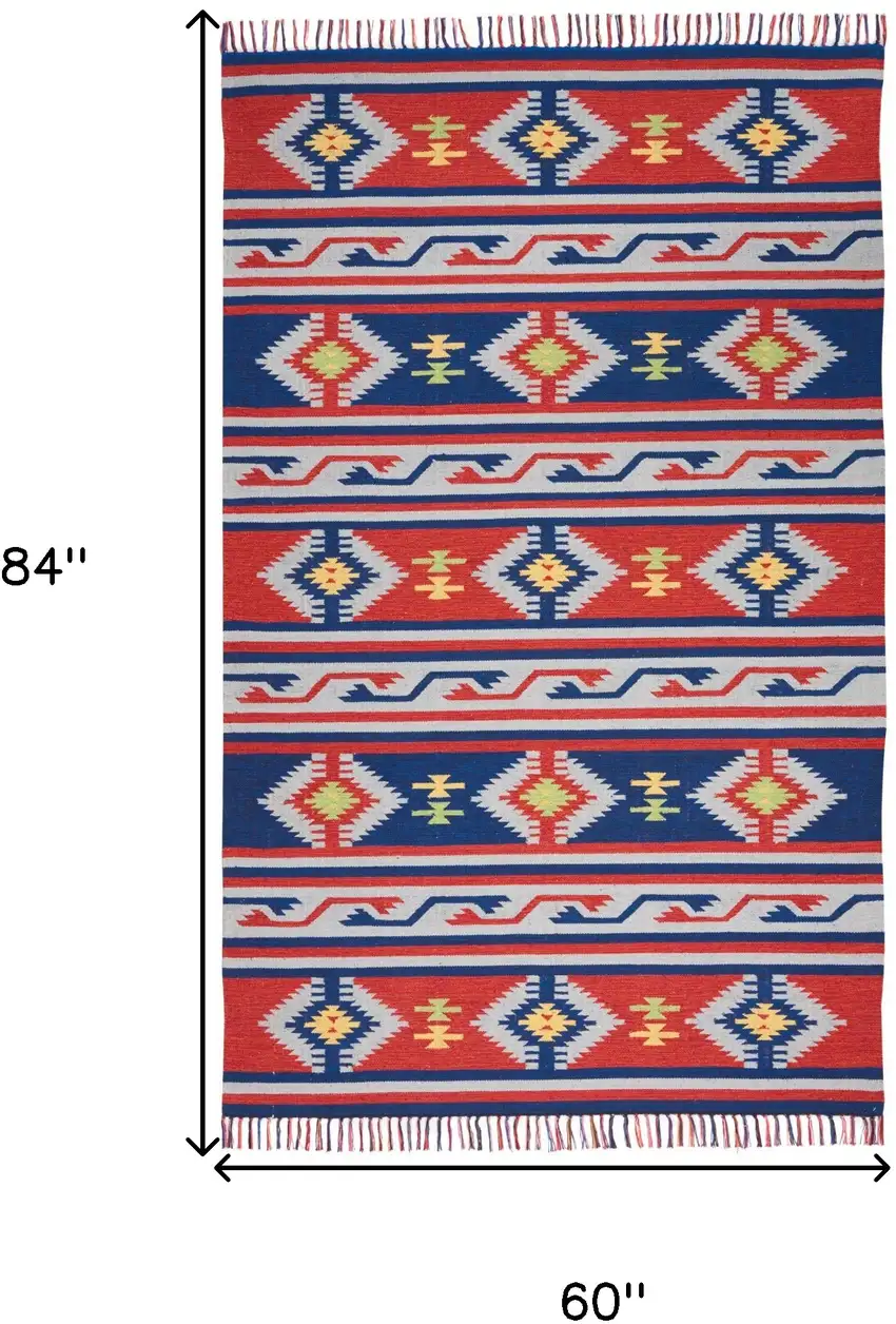 Blue and Red Southwestern Handmade Area Rug With Fringe Photo 3