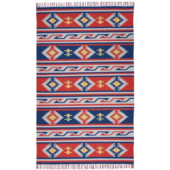 Blue and Red Southwestern Handmade Area Rug With Fringe Photo 1