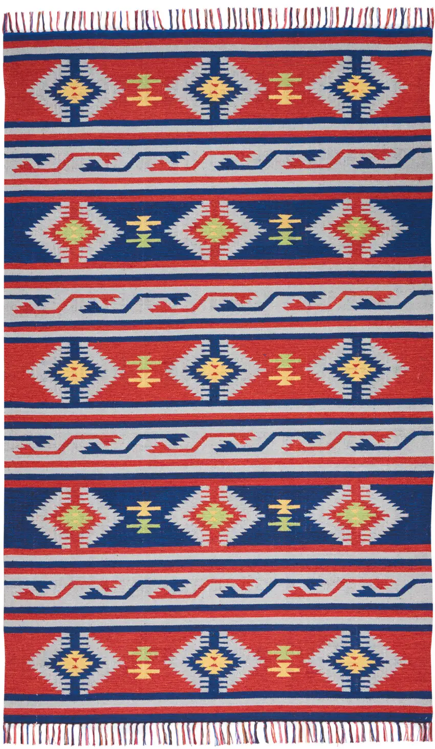 Blue and Red Southwestern Handmade Area Rug With Fringe Photo 1