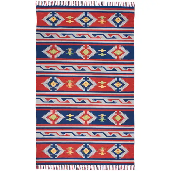 Blue and Red Southwestern Handmade Area Rug With Fringe Photo 8